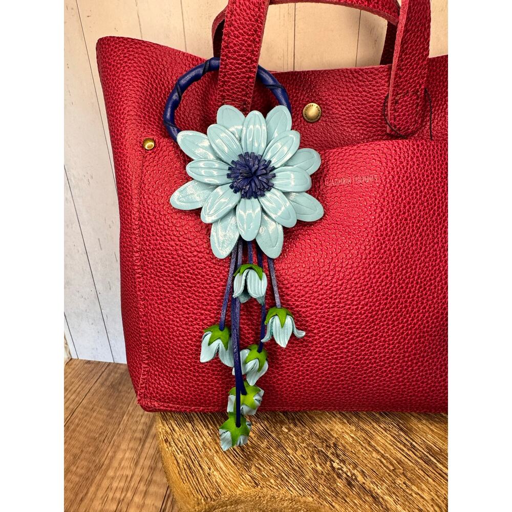 Leather Blue Flower Purse Charm Genuine Leather Light Blue Sunflower Bag Charm